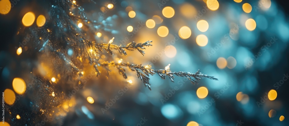 Poster festive bokeh background with christmas lights and defocused tree branch for text overlay and season