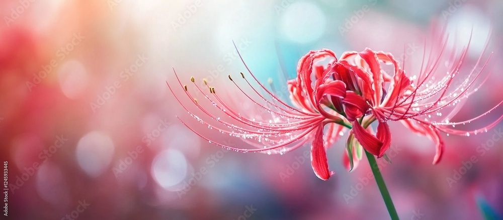 Poster vibrant close-up of a red spider lily showcasing delicate petals and bokeh background in soft focus 