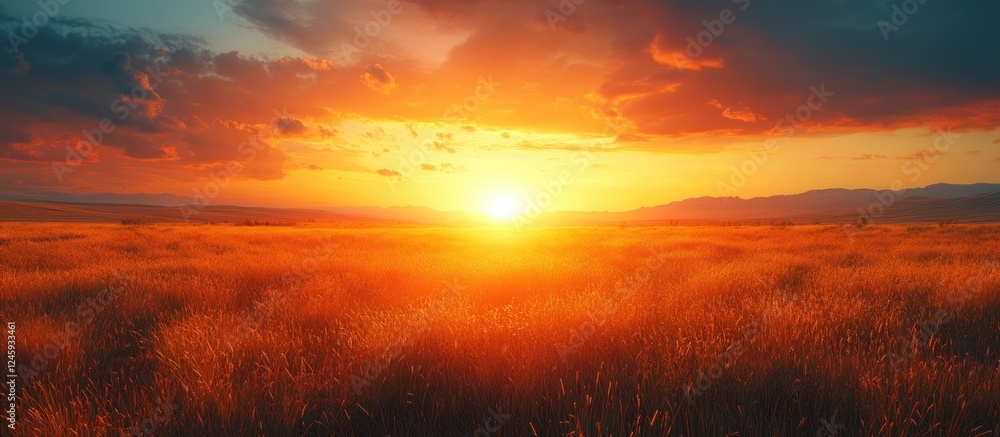 Poster serene late summer landscape at golden hour with vibrant colors and open space for text or graphics