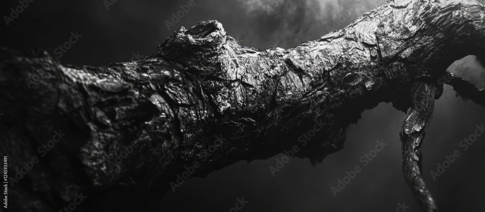 Poster Monochrome close-up of a textured tree branch showcasing natural patterns against a dramatic dark background.