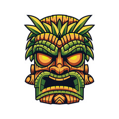 Hawaiian mask of tiki god. Tiki tribal wooden mask with leaves, vector illustration