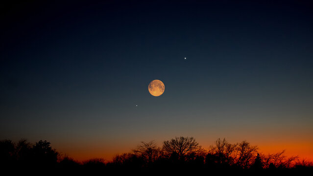 Full Moon, stars, planets and landscape scenery silhouettes.