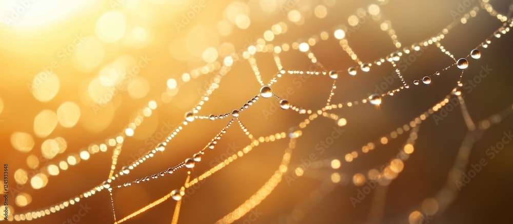 Poster close up of dew drops on a spider web illuminated by sunlight with a soft blurred background creatin
