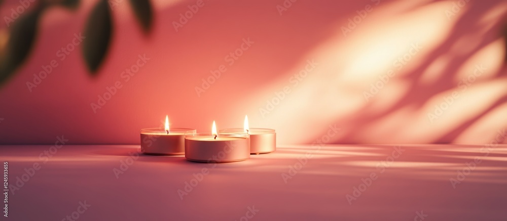 Poster candlelight shadows on pink background with natural lighting and empty space for text or branding