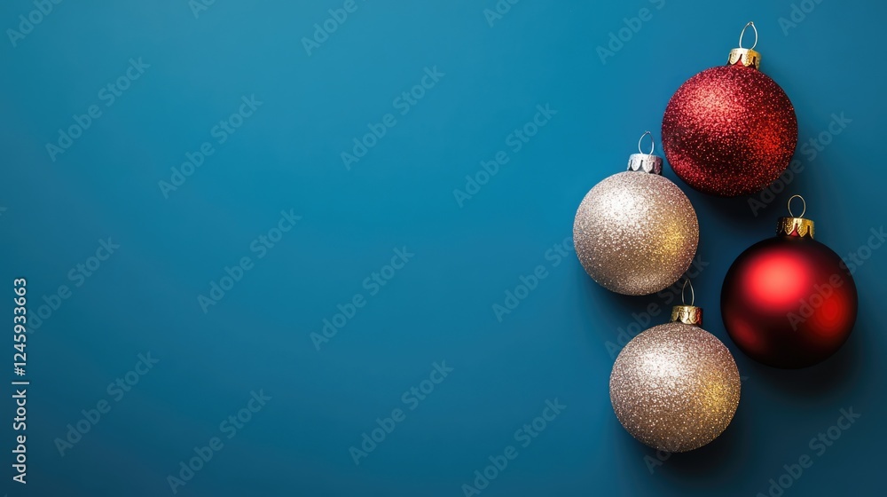 Poster christmas ornaments in red and silver on blue background with blank space for your custom text or me