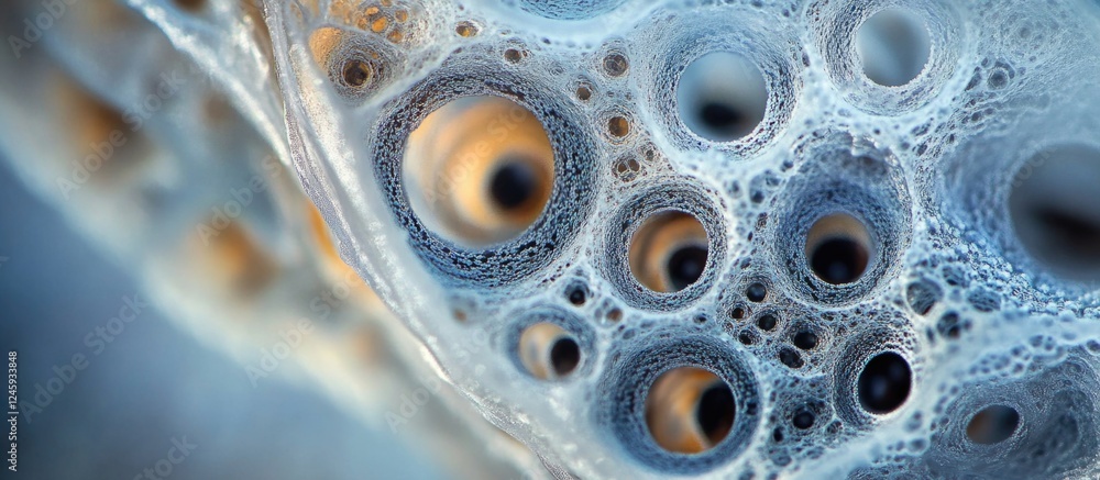 Poster close up view of trapped air bubbles in a frozen chunk of ice showcasing unique textures and pattern