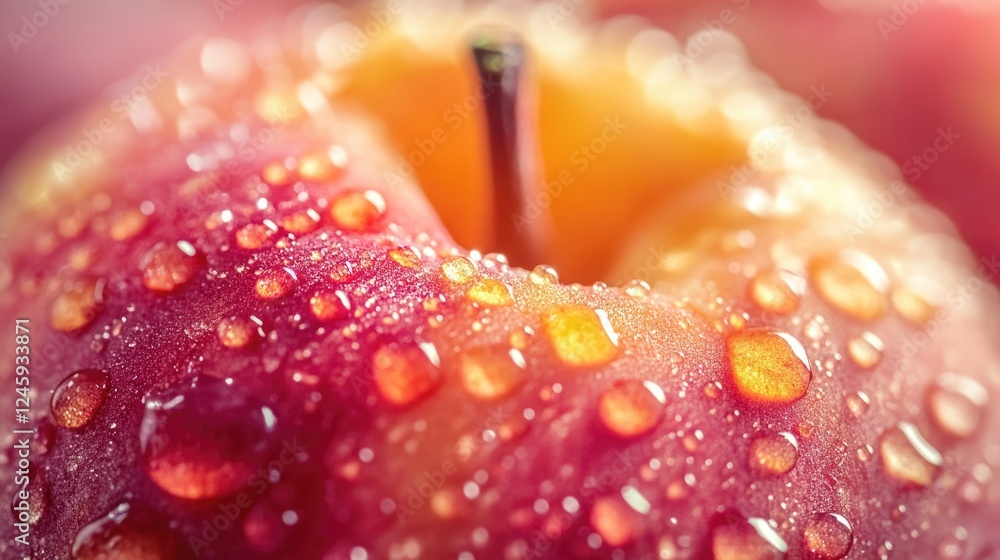 Poster fresh peach close-up with water droplets highlighting its texture and color against a soft backgroun