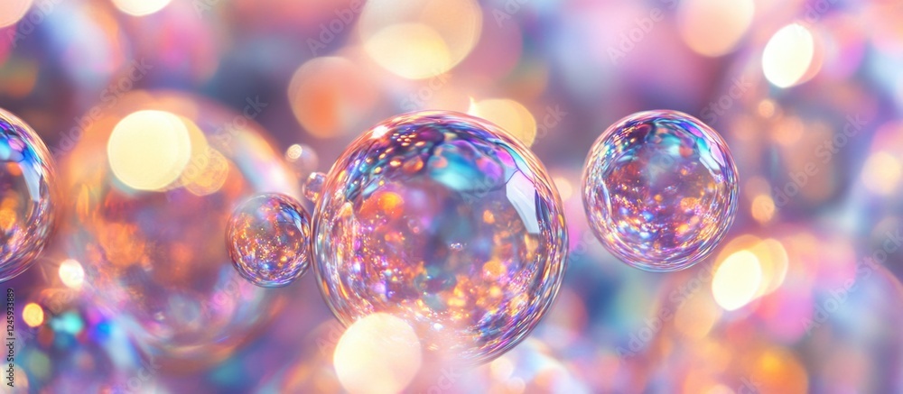 Poster Colorful holographic bokeh effect with abstract bubbles creating a dreamy out-of-focus texture for artistic backgrounds and designs