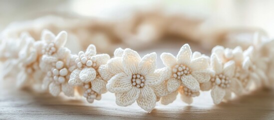 Delicate crochet bracelet adorned with white flowers showcasing intricate craftsmanship and a soft, romantic aesthetic.