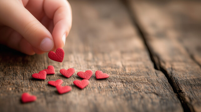 Child’s hand dropping tiny red hearts in a pile on rustic wooden surface, symbolizing love, care, and emotional connections, perfect for Valentine's Day themes. Breadcrumbs of love minimal concept.