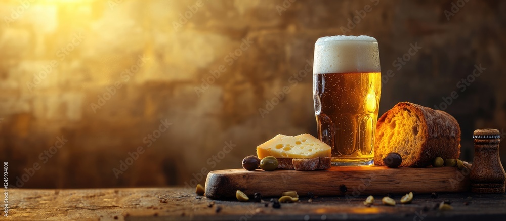 Poster cheese bread beer and olives on rustic wooden board with empty space for text inviting culinary crea