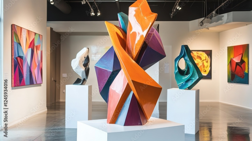 Poster geometric sculptures displayed in a contemporary art gallery, featuring clean lines, sharp angles, a