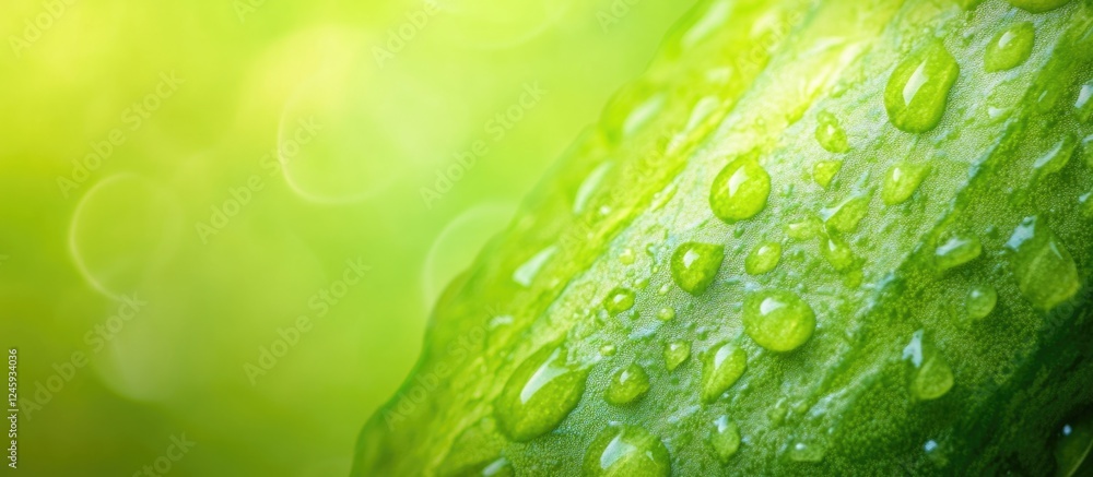 Poster close up of fresh cucumber with water droplets and vibrant green background creating a soft textured