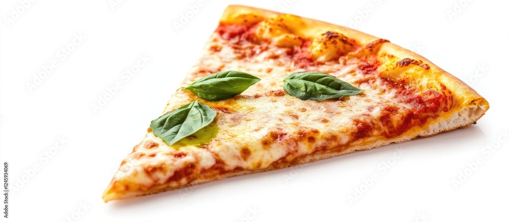 Poster delicious cheesy pizza slice topped with fresh basil on white background for text overlay