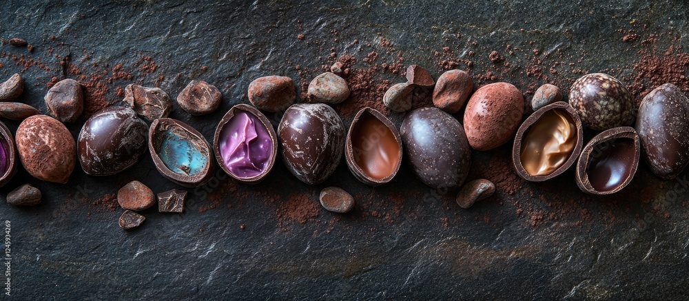 Poster assorted chocolate candies with colorful spreading filling arranged on a dark stone surface in a vis
