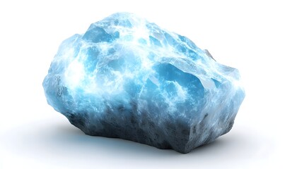 Fototapeta premium Glowing blue crystal rock isolated on white background; science fiction, fantasy, game design