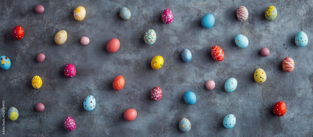 Poster easter sweets and colorful chocolate eggs in a playful pattern on a textured concrete surface with c