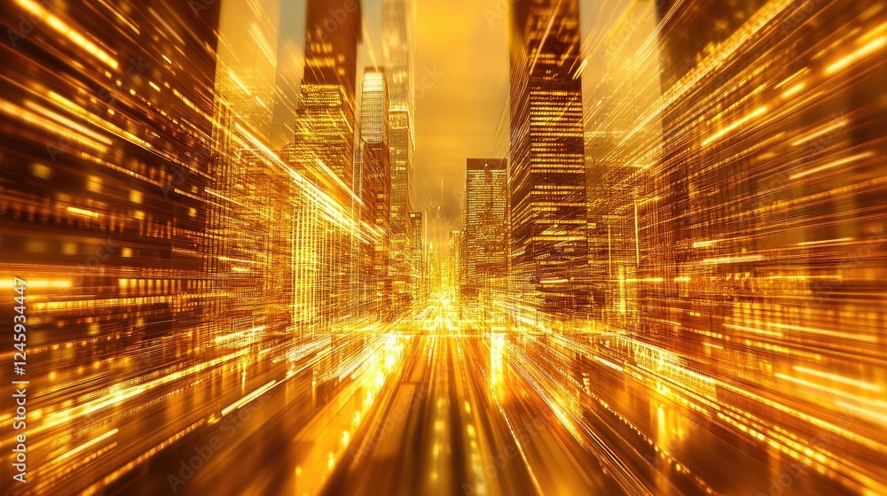 Poster golden lights illuminate skyscrapers and buildings in a futuristic cityscape at night, with a blurre
