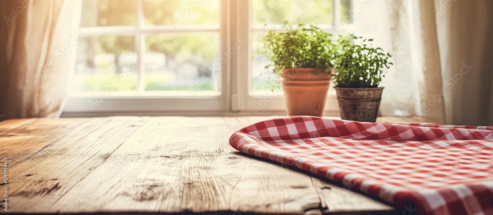 Aufkleber checkered tablecloth on rustic wooden kitchen table with plants in pots and soft sunlight creating a