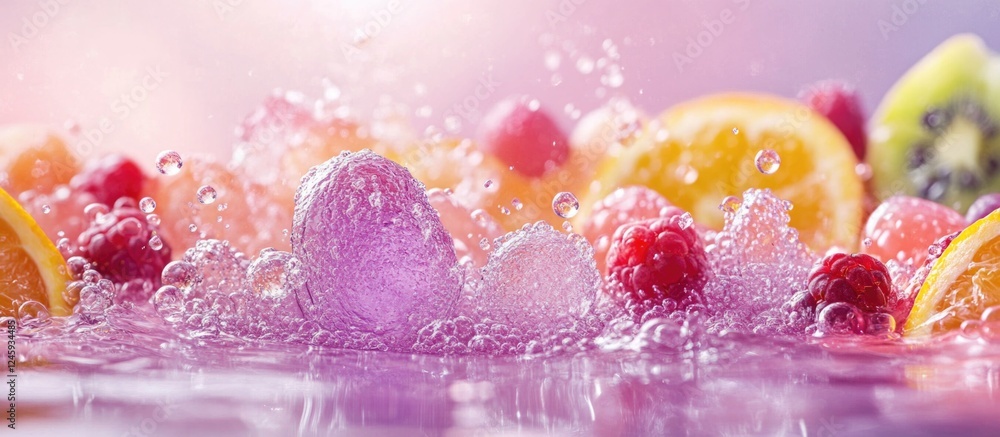 Poster colorful fruit juice splash with purple and pink bubbles creating a refreshing background ideal for 