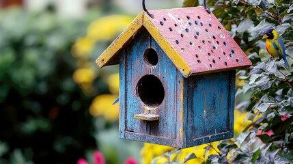 Vibrant Birdhouse in a Lush Garden: A Haven for Colorful Birds