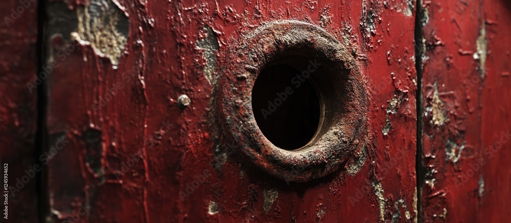 Poster close up of a weathered red iron door fragment featuring a rustic round peephole with intricate text