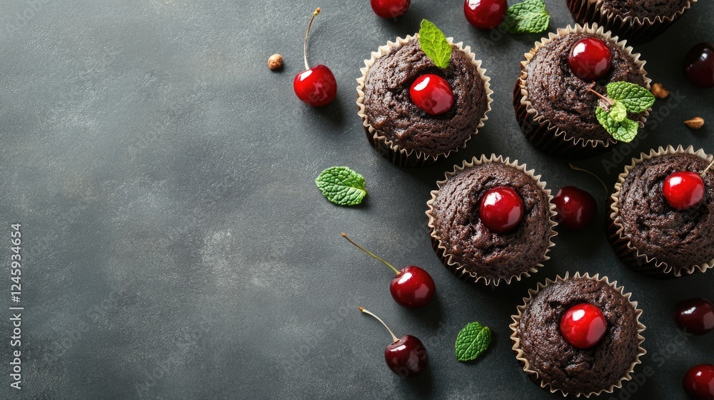Poster chocolate muffins topped with cherries and mint on a gray background with ample space for text and c
