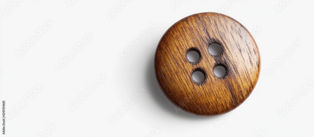 Aufkleber Rustic brown wooden button with four holes set against a clean white background highlighting its texture and craftsmanship.