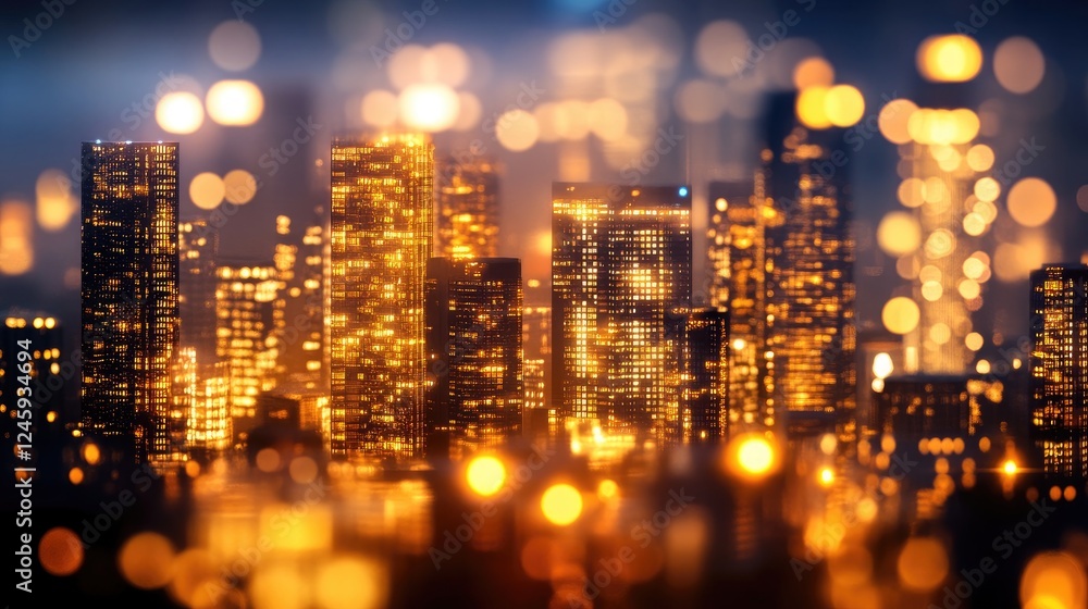 Poster golden lights illuminate skyscrapers and buildings in a futuristic cityscape at night, with a blurre
