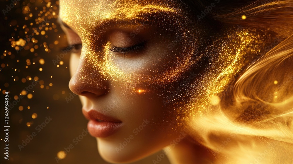 Poster Golden particles and light trails swirling into an abstract vortex, creating a dynamic design that reflects energy, technology, and futuristic aesthetics.