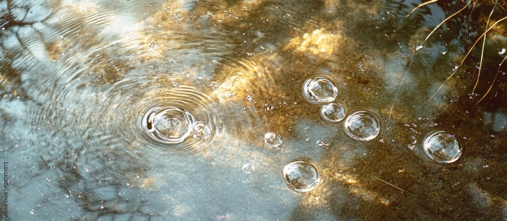 Poster Water ripples creating bubbles, reflecting shimmering light on a serene surface with natural elements surrounding the scene.
