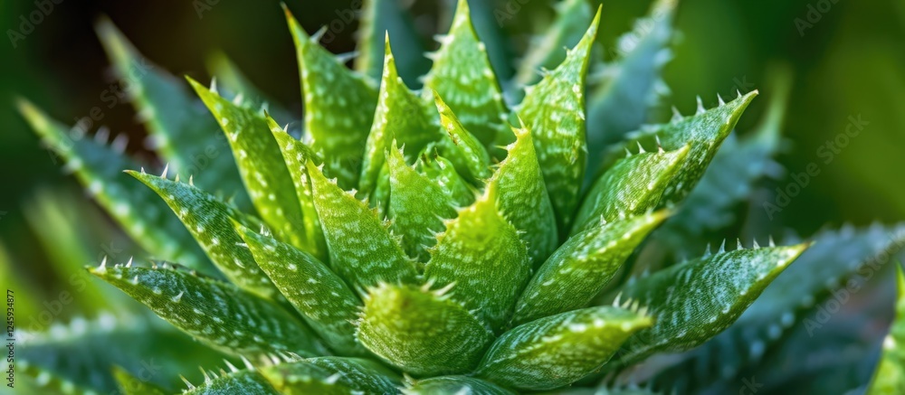 Poster close-up macro photograph of a vibrant green cactus showcasing sharp spikes and intricate details of