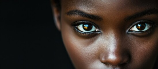 Serious young woman with captivating eyes gazing directly at the camera against a dark background, creating an impactful visual statement.