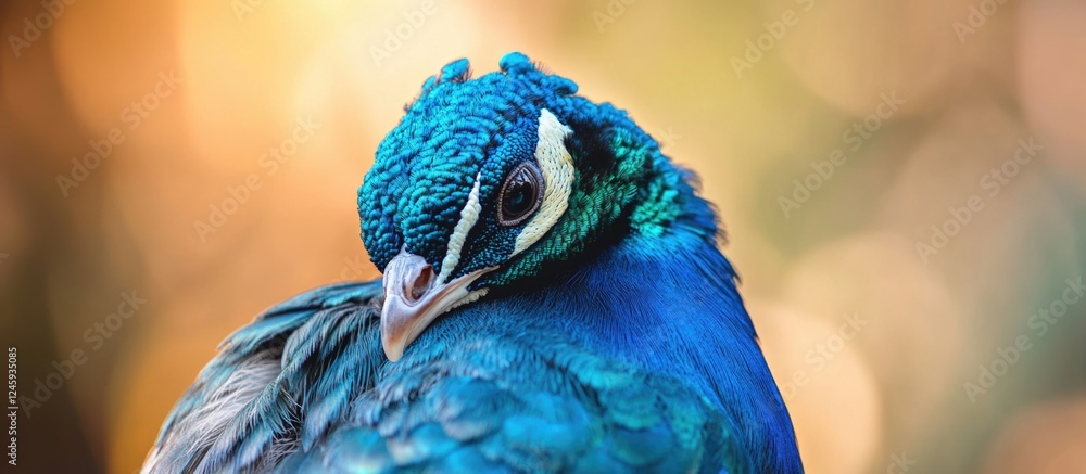 Poster close up of a peacock displaying vibrant blue and green feathers highlighting intricate patterns and