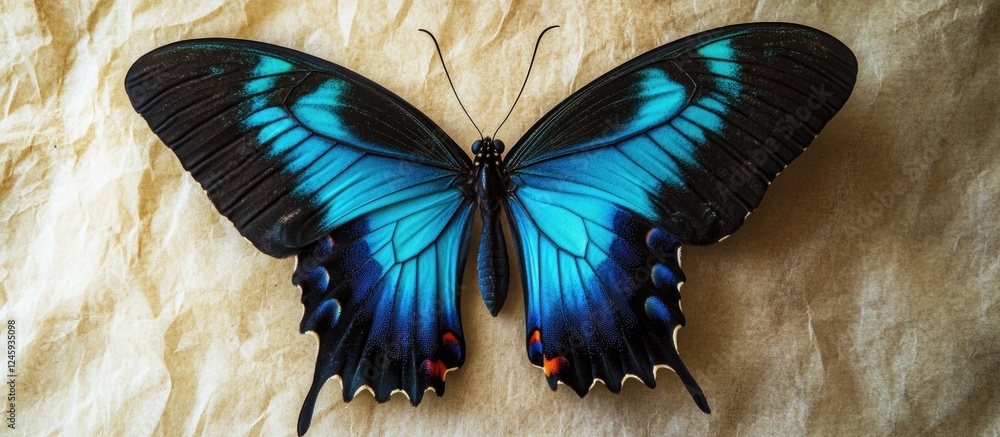 Poster mountain swallowtail butterfly papilio ulysses displayed on textured baking paper background in natu