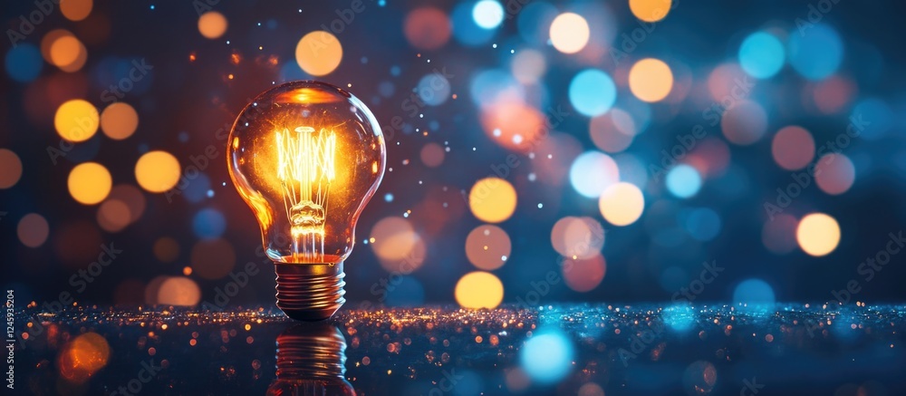 Fototapete Illuminated vintage light bulb surrounded by a colorful bokeh background creating a warm and inviting atmosphere for creative projects.