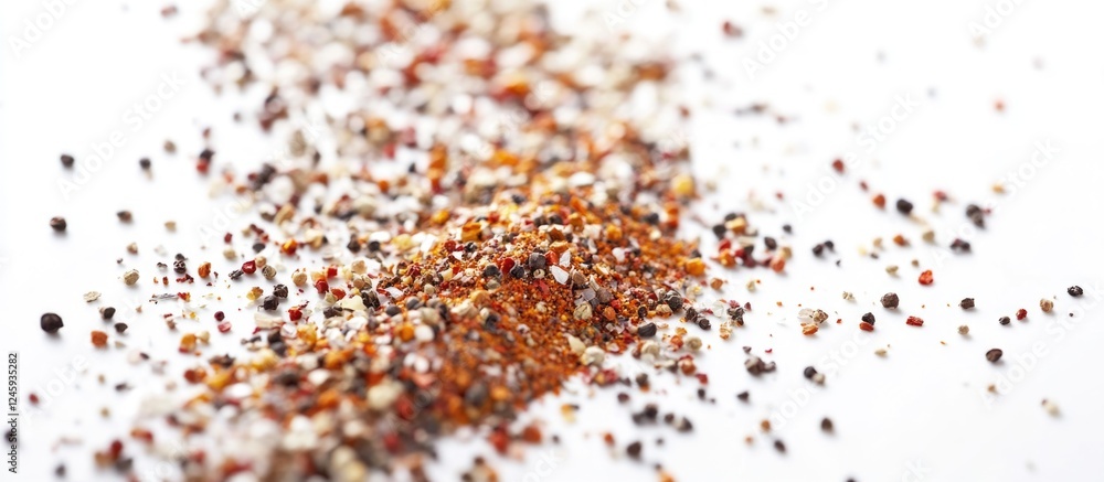 Poster close up of assorted aromatic spice blend scattered on a white surface showcasing texture and color 