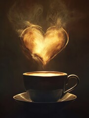 A heart-shaped latte art design in a steaming cup of coffee,...