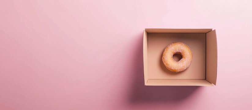 Cardboard box with donut hole on a pink background minimalistic delivery concept empty space for text and branding options