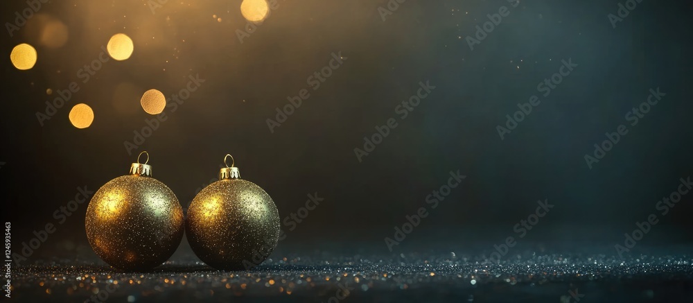 Poster festive christmas and new year ornaments on dark background with space for text and sparkling bokeh 