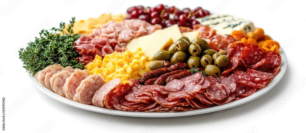 Poster Charcuterie platter featuring assorted meats cheeses olives and herbs on a white background with ample empty space for text placement