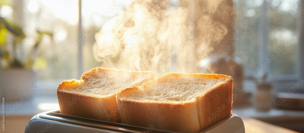 Aufkleber freshly toasted bread releasing steam in a toaster with sunlight streaming through a window in a coz