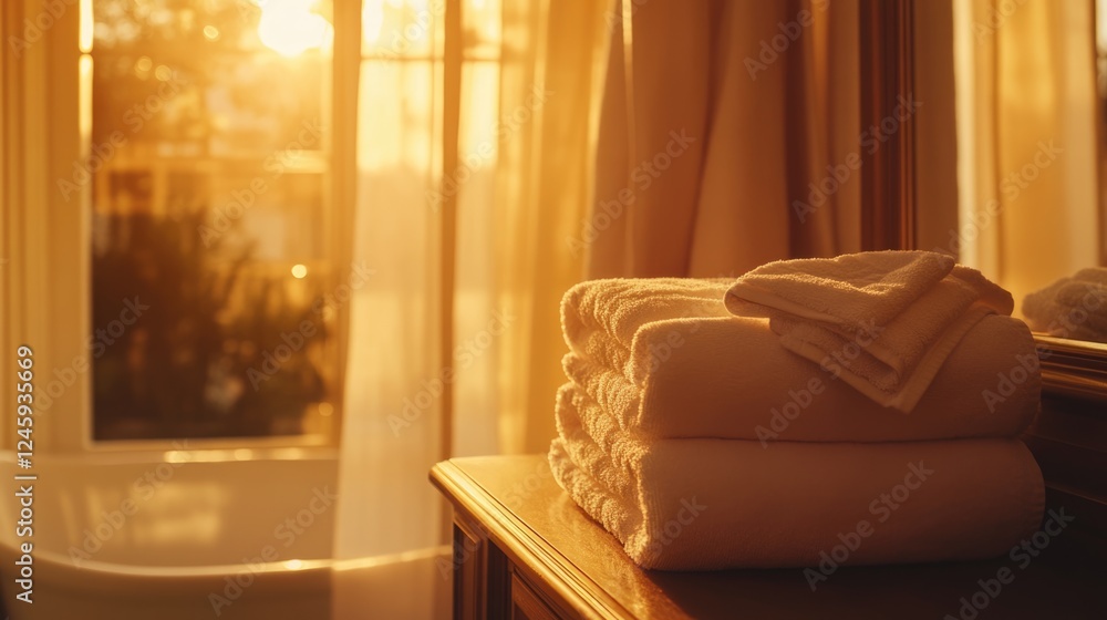 Poster warmly lit bathroom interior featuring neatly stacked towels on dressing table by a window with soft