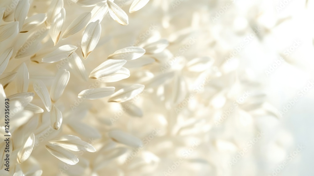 Poster close up of white rice grains with light reflections and soft bokeh background creating ample space 