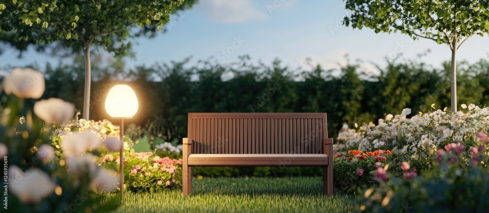 Poster wooden parametric bench illuminated by a lamp surrounded by blooming flowers in a serene garden sett