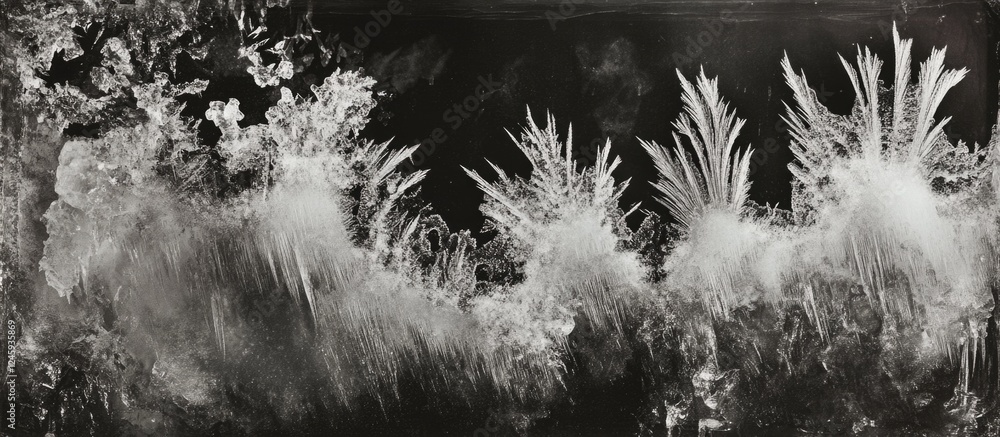 Poster closeup of a black and white window pane showcasing intricate dendritic ice patterns creating a beau