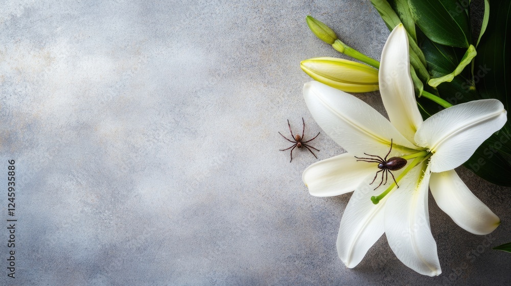 Poster close up of a white lily featuring a spider on the underside with ample empty space for text or desi