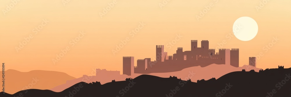 Poster minimalist depiction of an ancient castle on a hilltop during sunset with ample space for text. gene