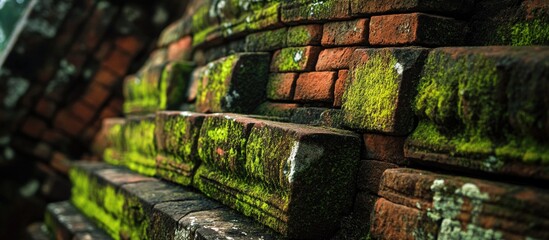 Moss covered brick layers of an ancient temple corner highlighting intricate craftsmanship and the beauty of natural aging over time