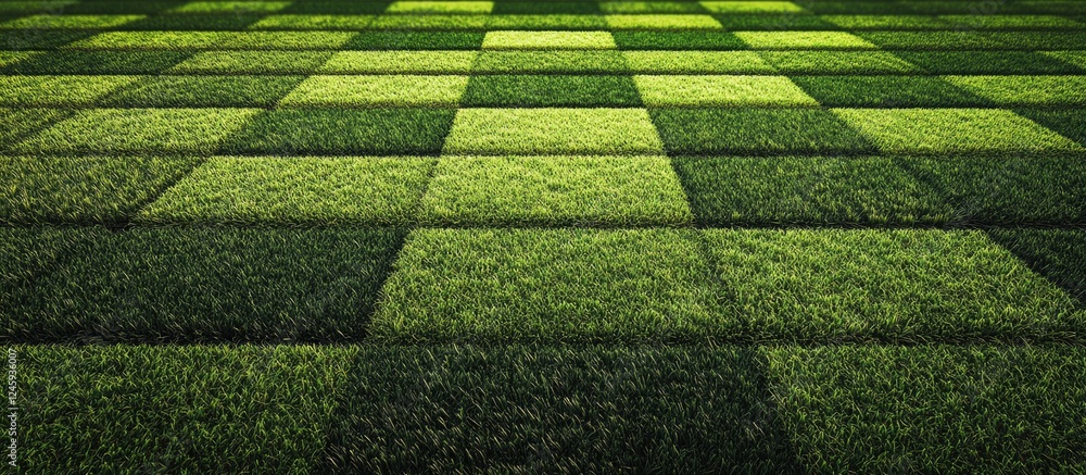 Poster Checkerboard pattern of lush green grass creating a vibrant and textured natural background for design and presentation projects